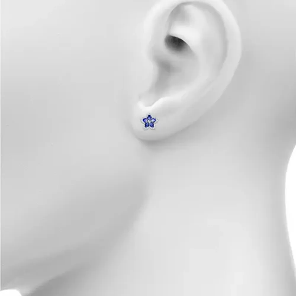 Womens Lab Created Blue Sapphire & 1/5 CT. T.W. Genuine Diamond Sterling Silver 12.3mm Flower Stud Earrings