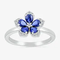 Womens Diamond Accent Lab Created Blue Sapphire Sterling Silver Flower Cocktail Ring