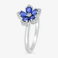 Womens Diamond Accent Lab Created Blue Sapphire Sterling Silver Flower Cocktail Ring