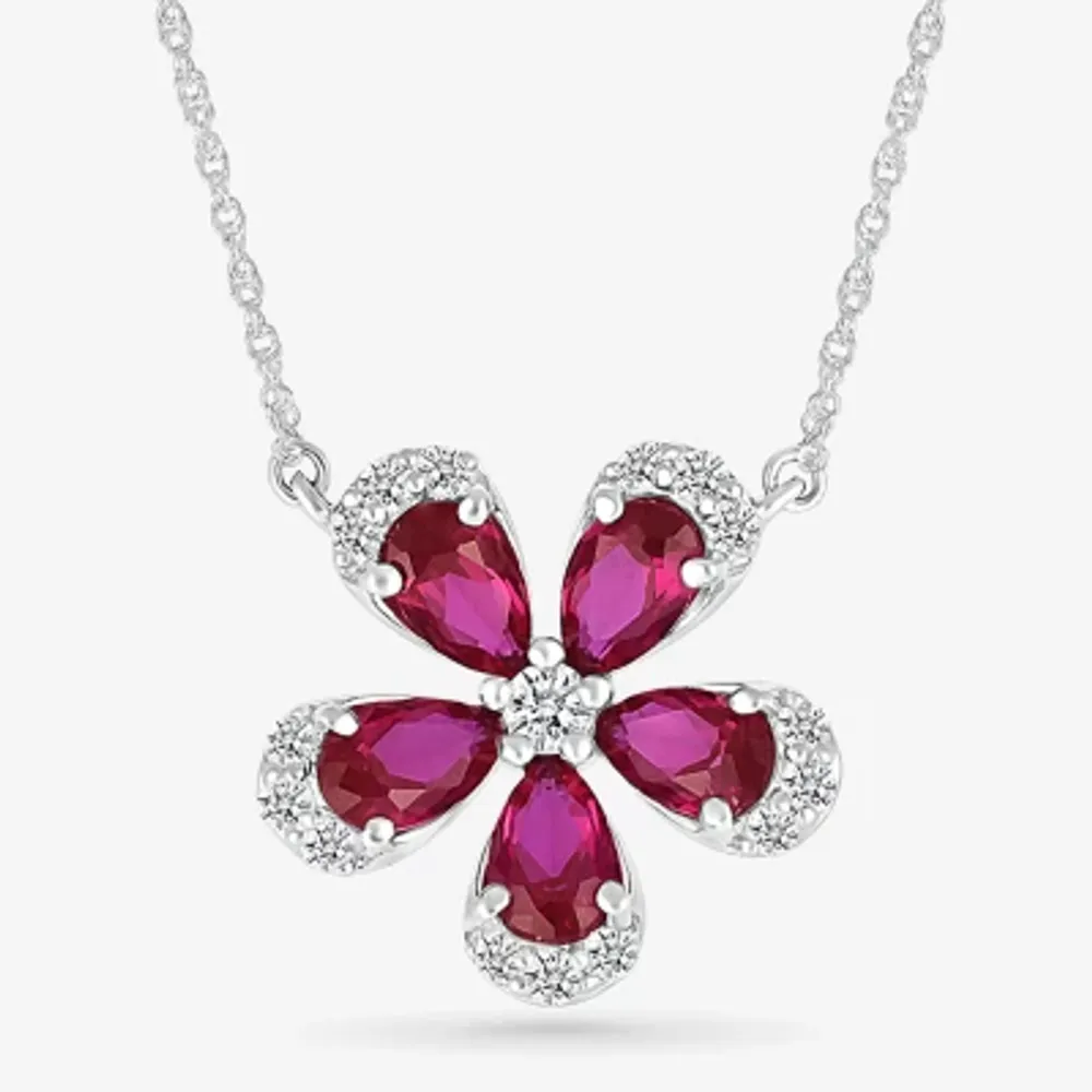 Womens Lab Created Red Ruby Sterling Silver Flower Pendant Necklaces