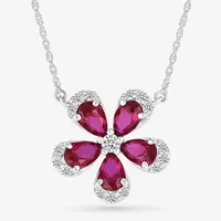 Womens Lab Created Red Ruby Sterling Silver Flower Pendant Necklace