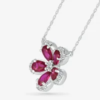 Womens Lab Created Red Ruby Sterling Silver Flower Pendant Necklace