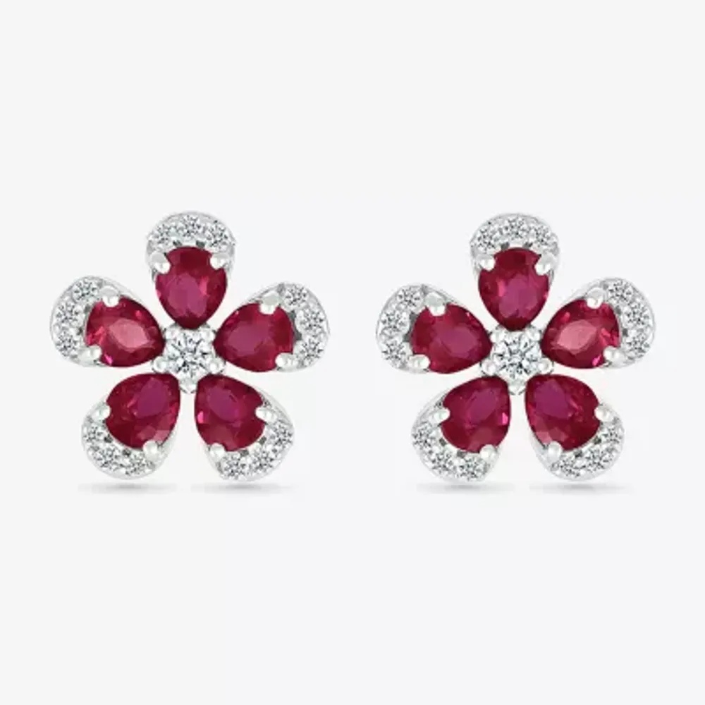 Lab Created Red Ruby Sterling Silver 12.5mm Flower Stud Earrings