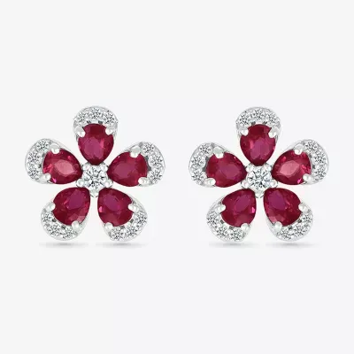 Lab Created Red Ruby Sterling Silver 12.5mm Flower Stud Earrings