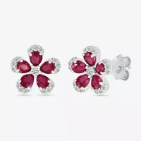 Lab Created Red Ruby Sterling Silver 12.5mm Flower Stud Earrings