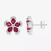 Lab Created Red Ruby Sterling Silver 12.5mm Flower Stud Earrings