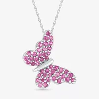 Womens Lab Created Pink Sapphire Sterling Silver Butterfly Pendant Necklace