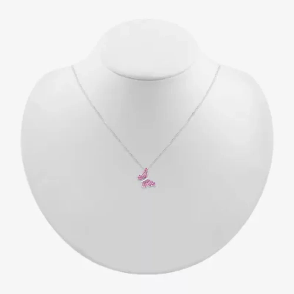 Womens Lab Created Pink Sapphire Sterling Silver Butterfly Pendant Necklace