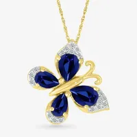 Womens Diamond Accent Lab Created Blue Sapphire 10K Gold Butterfly Pendant Necklace