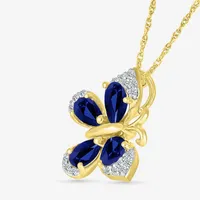 Womens Diamond Accent Lab Created Blue Sapphire 10K Gold Butterfly Pendant Necklace