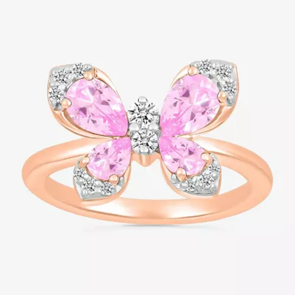 Womens Lab Created Pink Sapphire 10K Gold Butterfly Cocktail Ring