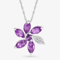 Womens Genuine Purple Amethyst Sterling Silver Flower Pendant Necklace