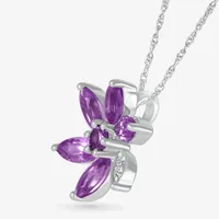 Womens Genuine Purple Amethyst Sterling Silver Flower Pendant Necklace