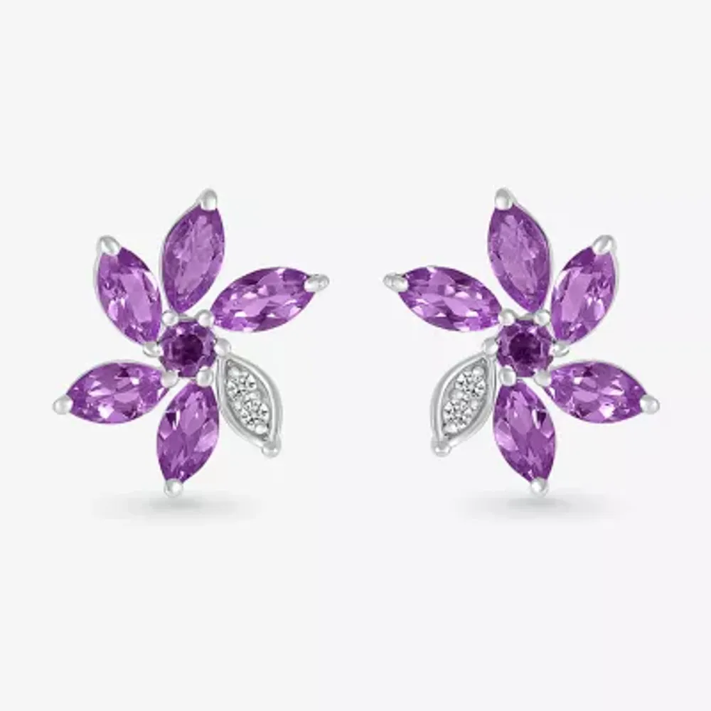 Genuine Purple Amethyst Sterling Silver 11.5mm Flower Stud Earrings