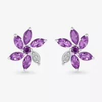 Genuine Purple Amethyst Sterling Silver 11.5mm Flower Stud Earrings