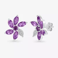 Genuine Purple Amethyst Sterling Silver 11.5mm Flower Stud Earrings