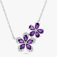 Womens Genuine Purple Amethyst Sterling Silver Flower Pendant Necklace