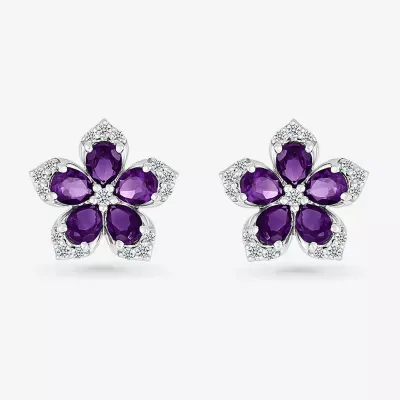 Genuine Purple Amethyst Sterling Silver 12.3mm Flower Stud Earrings