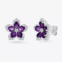 Genuine Purple Amethyst Sterling Silver 12.3mm Flower Stud Earrings