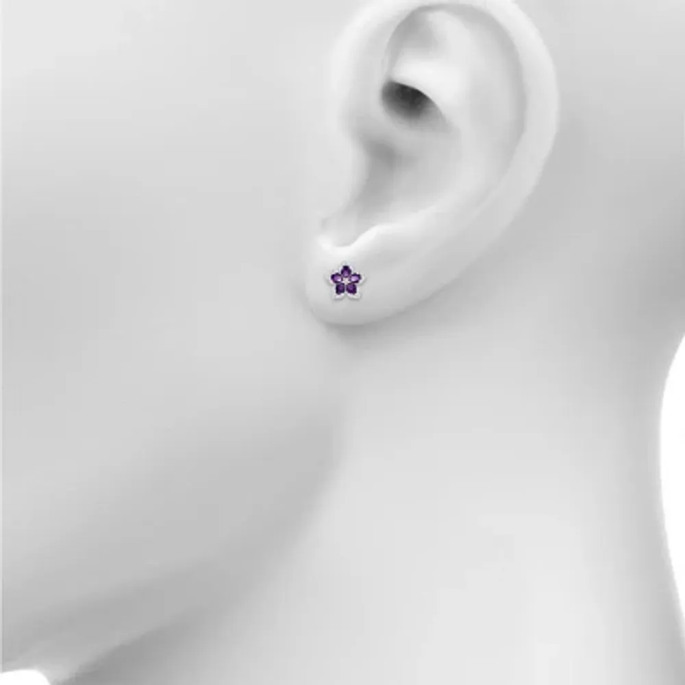 Genuine Purple Amethyst Sterling Silver 12.3mm Flower Stud Earrings