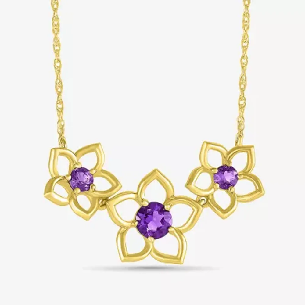 Womens Genuine Purple Amethyst 10K Gold Flower Pendant Necklaces