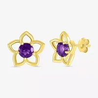 Genuine Purple Amethyst 10K Gold 9.8mm Flower Stud Earrings