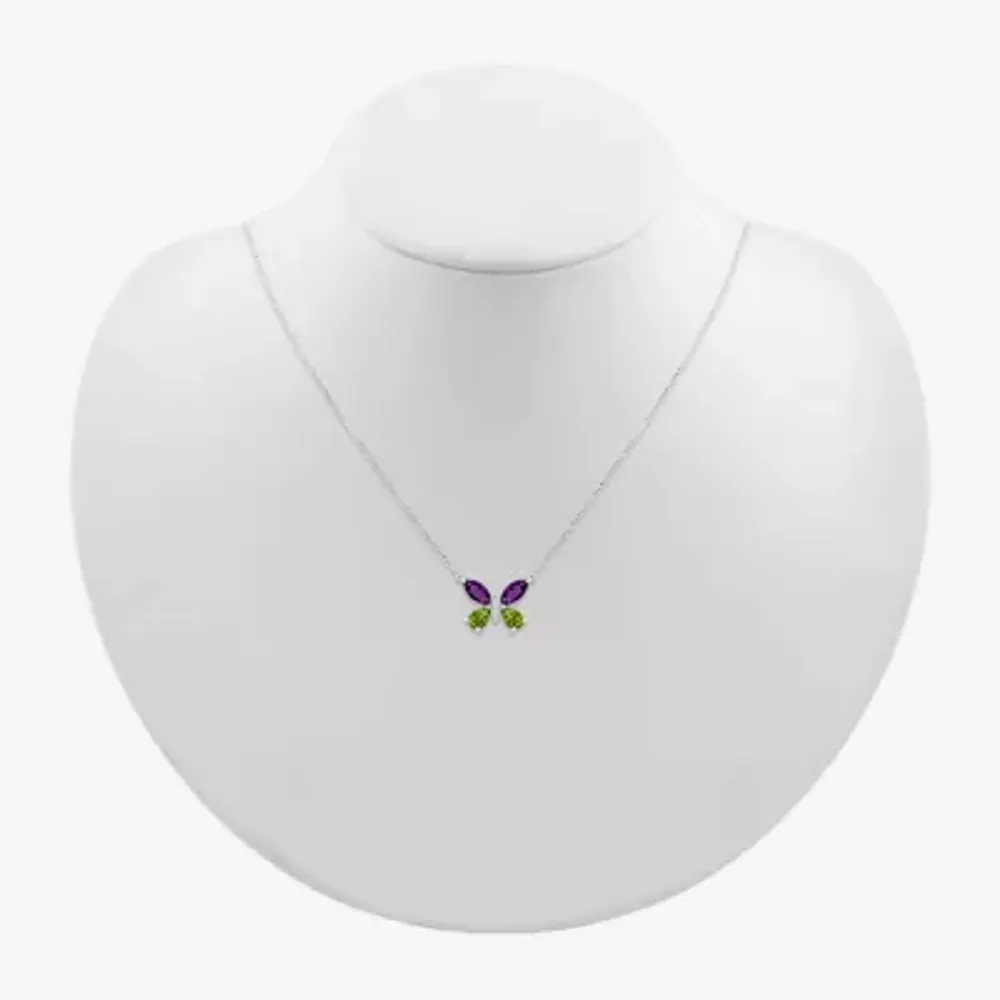 Womens Diamond Accent Genuine Purple Amethyst Sterling Silver Butterfly Pendant Necklace