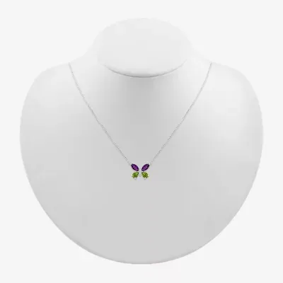 Womens Diamond Accent Genuine Purple Amethyst Sterling Silver Butterfly Pendant Necklace