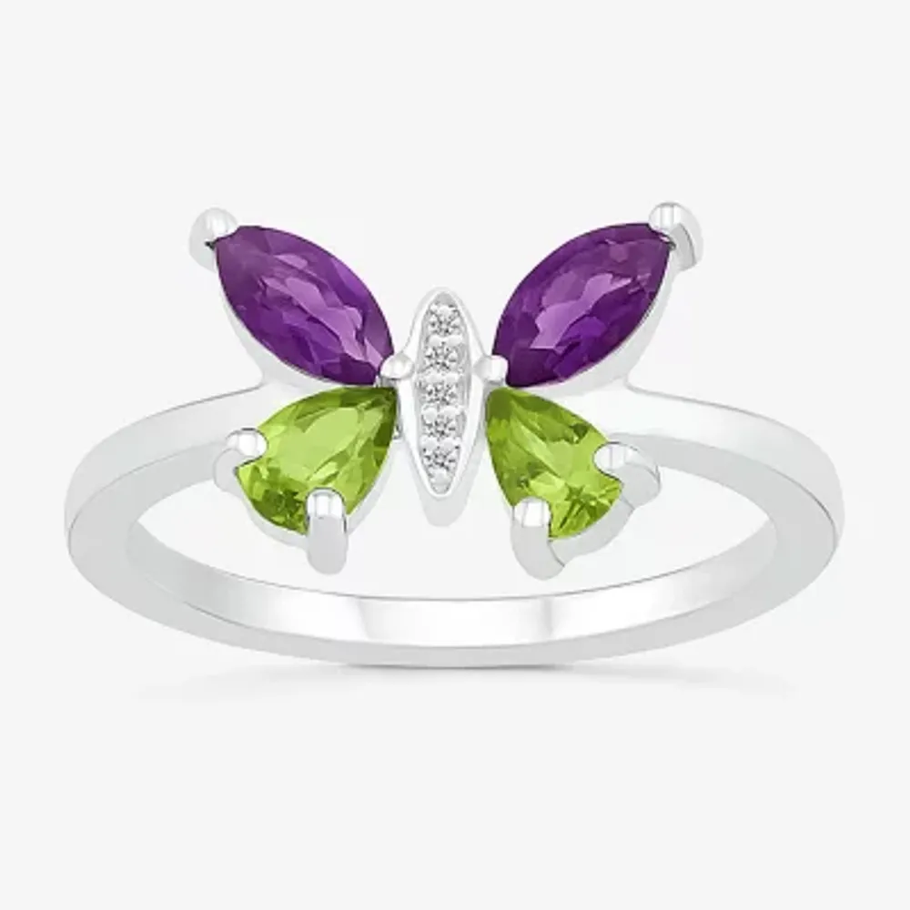 Womens Diamond Accent Genuine Purple Amethyst Sterling Silver Butterfly Cocktail Ring