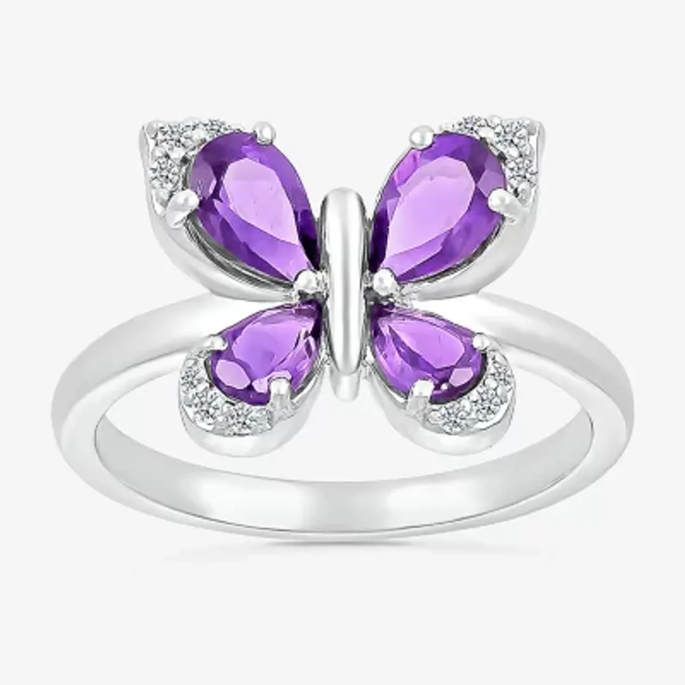 Womens Genuine Purple Amethyst Sterling Silver Butterfly Cocktail Ring