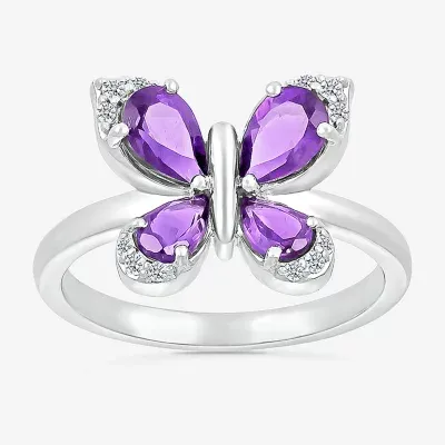 Womens Genuine Purple Amethyst Sterling Silver Butterfly Cocktail Ring