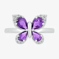 Womens Genuine Purple Amethyst Sterling Silver Butterfly Cocktail Ring