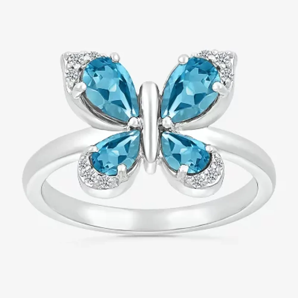 Womens Genuine Blue Topaz Sterling Silver Butterfly Cocktail Ring