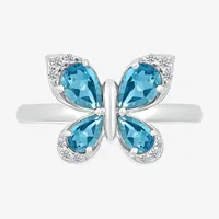 Womens Genuine Blue Topaz Sterling Silver Butterfly Cocktail Ring