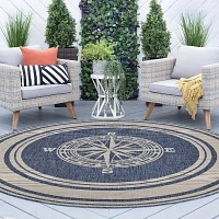 Samantha Nautical Navigation 7'6"X7'6" Indoor Outdoor Round Area Rug