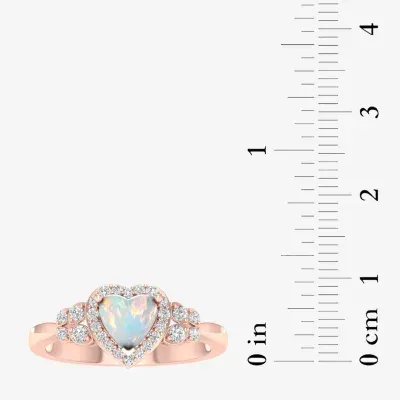 Womens Genuine Opal & 1/5 CT. T.W. Diamond 10K Rose Gold Heart Cocktail Ring