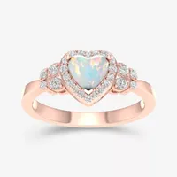 Womens Genuine Opal & 1/5 CT. T.W. Diamond 10K Rose Gold Heart Cocktail Ring