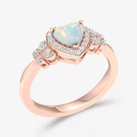 Womens Genuine Opal & 1/5 CT. T.W. Diamond 10K Rose Gold Heart Cocktail Ring