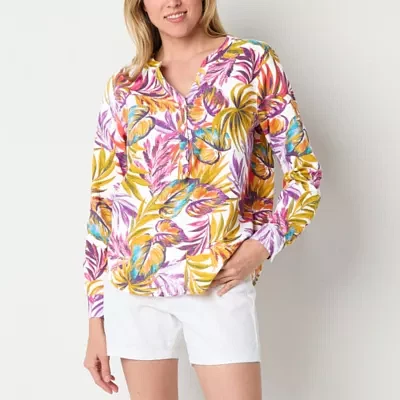 St. John's Bay Womens Y Neck Long Sleeve Blouse