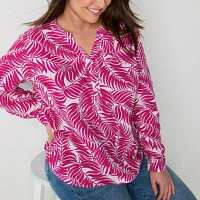 St. John's Bay Plus Womens Y Neck Long Sleeve Blouse