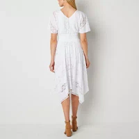 Rabbit Rabbit Rabbit Design Short Sleeve Lace Inset Midi Fit + Flare Dress