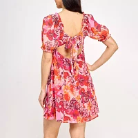 City Triangle Womens Short Sleeve Floral Babydoll Dress Juniors