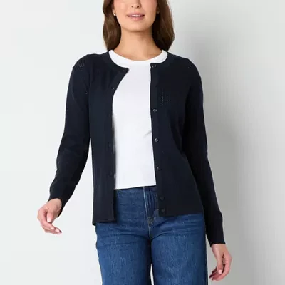IZOD Juniors Womens Round Neck Long Sleeve Button Cardigan