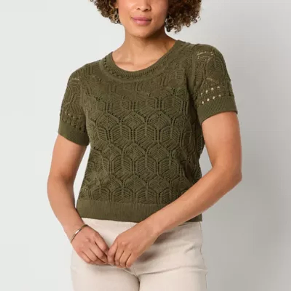 Liz Claiborne Womens Crew Neck Short Sleeve Pullover Sweater