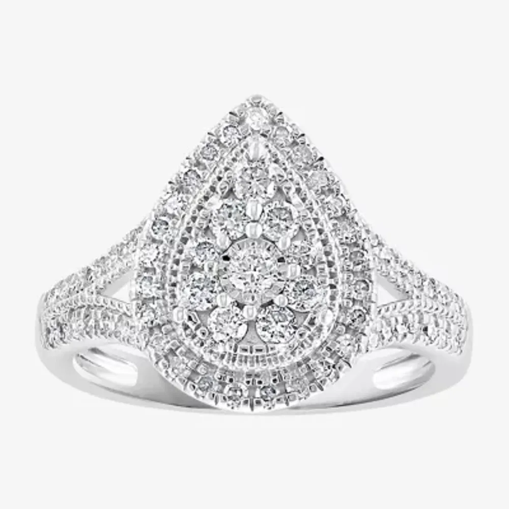 Effy Womens 5/8 CT. T.W. Natural White Diamond Sterling Silver Pear Halo Cocktail Ring