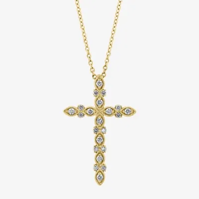 Effy  Womens 1/4 CT. T.W. Natural White Diamond 14K Gold Cross Pendant Necklaces