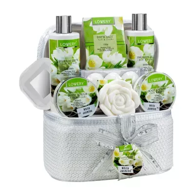 Lovery White Jasmine Bath Set - 13pc Sequin Cosmetic Bag Kit