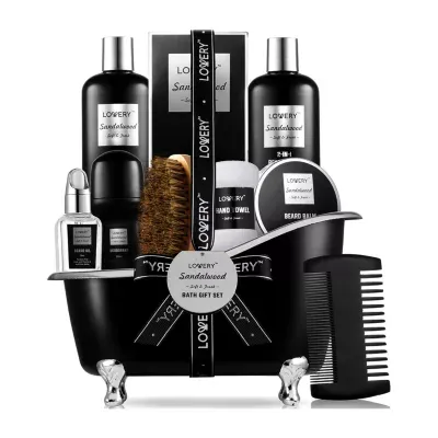 Lovery Sandalwood Gift Basket For Men - 11pc Beard Grooming Home Spa Set