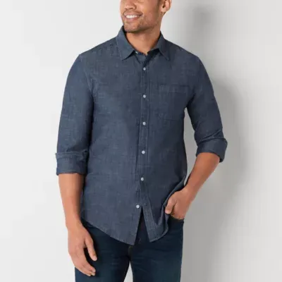 St. John's Bay Chambray Mens Slim Fit Long Sleeve Button-Down Shirt