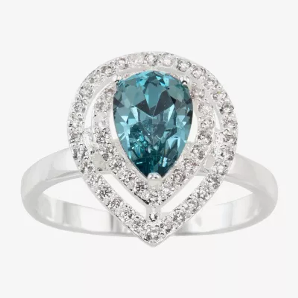 Sparkle Allure Double Womens Blue Crystal Pure Silver Over Brass Pear Halo Cocktail Ring